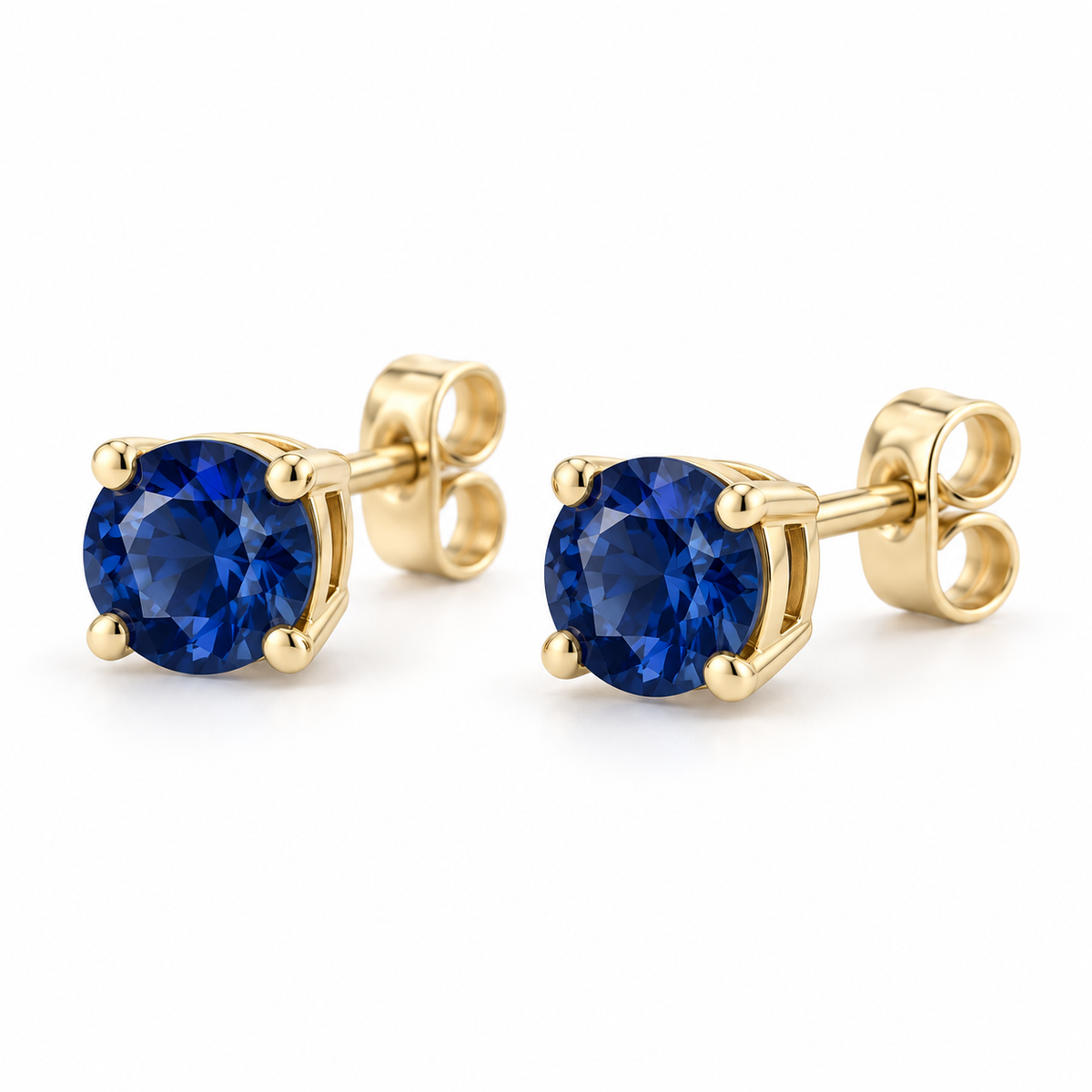 14K Yellow Gold Lab-Grown Blue Sapphire Lightweight Stud Earrings — 6 mm stones — enhanced studio view