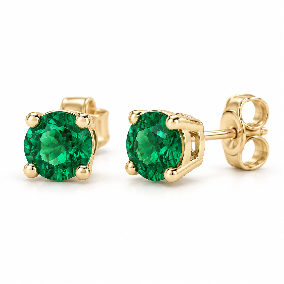 14K Yellow Gold Lab-Grown Emerald Lightweight Stud Earrings — 6 mm stones — enhanced studio view