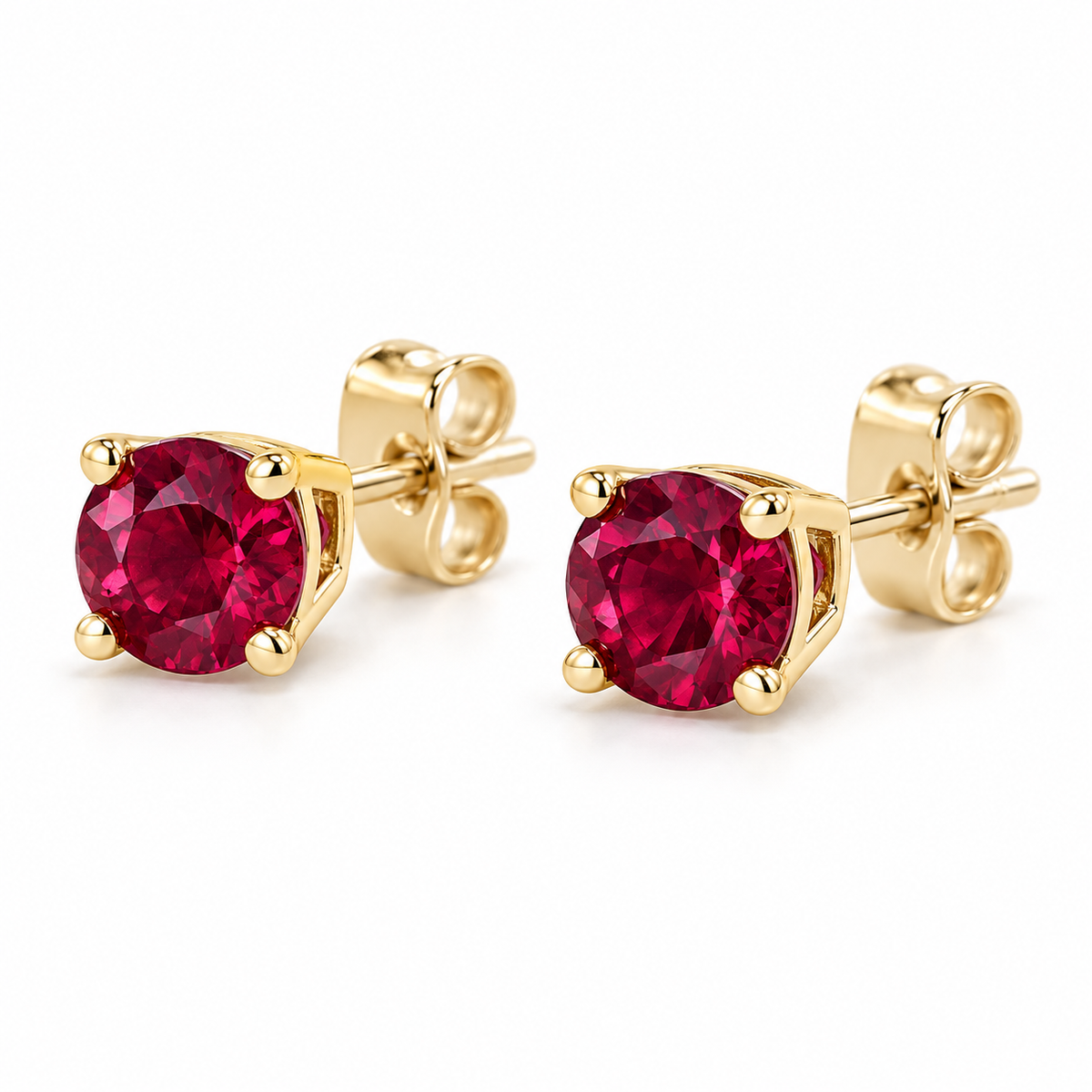 14K Yellow Gold Lab-Grown Ruby Lightweight Stud Earrings — 6 mm stones — enhanced studio view