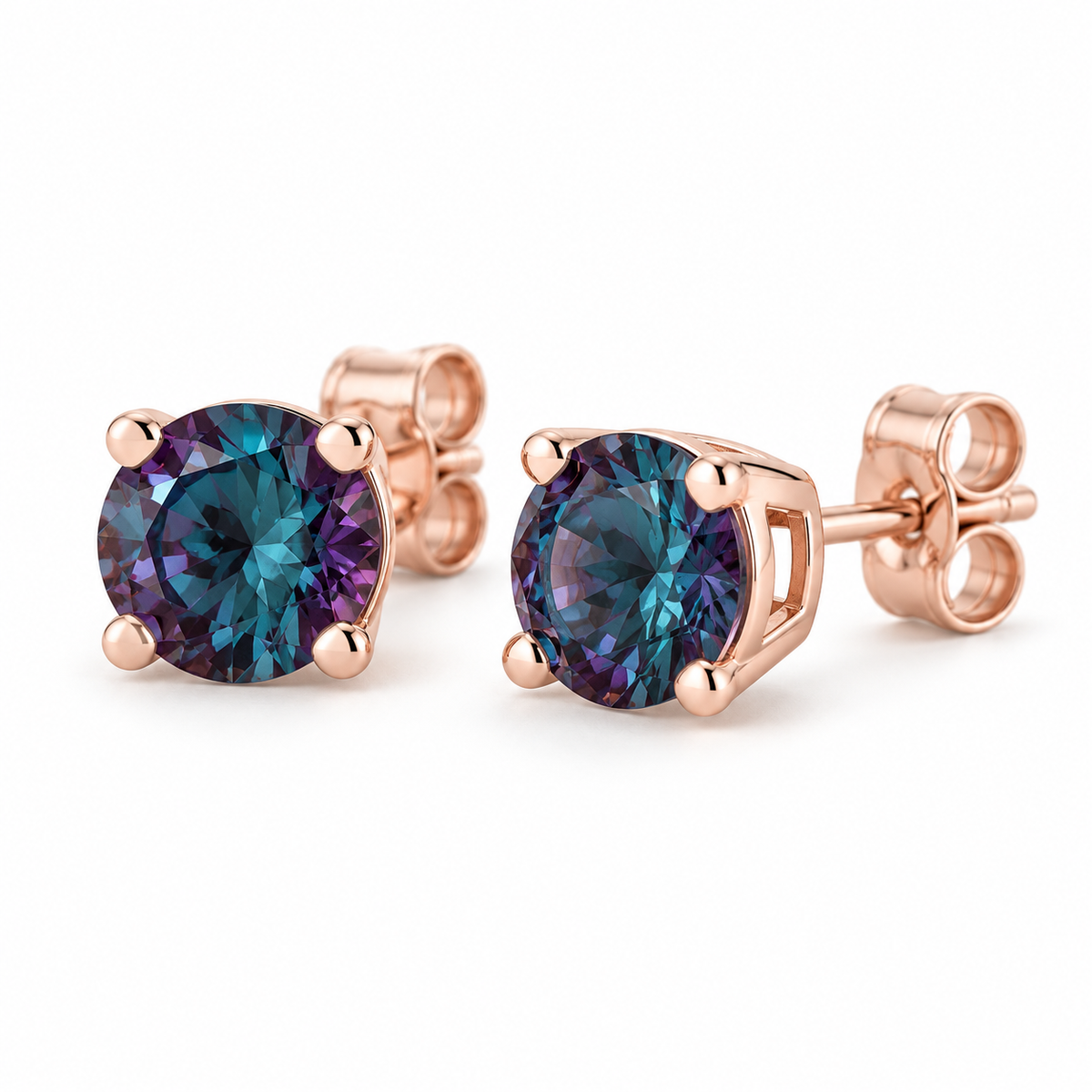 14K Rose Gold Lab-Grown Alexandrite Lightweight Stud Earrings — 7 mm stones — enhanced studio view