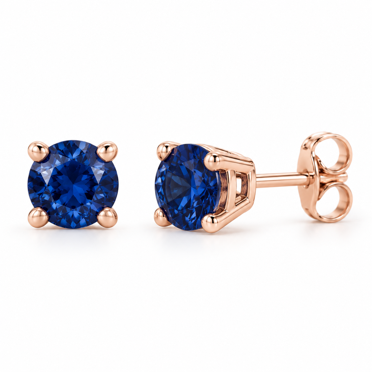 14K Rose Gold Lab-Grown Blue Sapphire Lightweight Stud Earrings — 7 mm stones — enhanced studio view