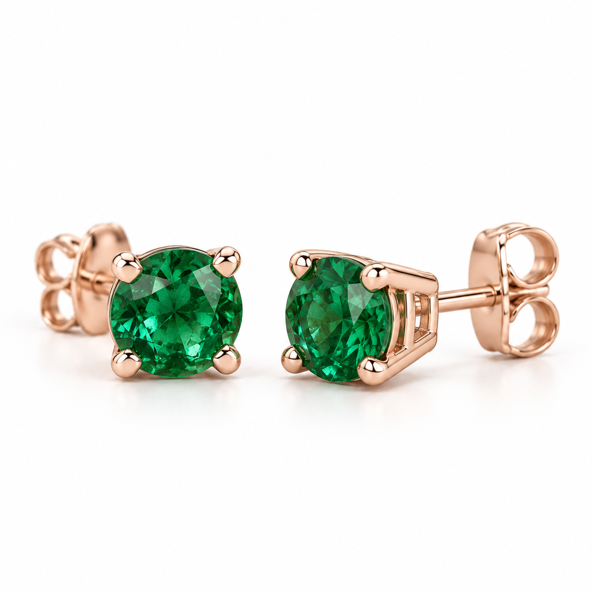 14K Rose Gold Lab-Grown Emerald Lightweight Stud Earrings — 7 mm stones — enhanced studio view