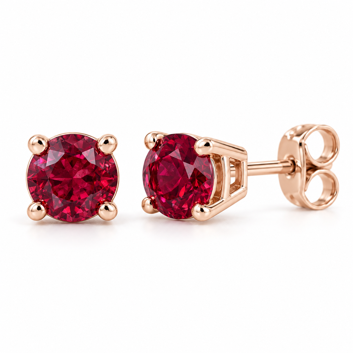 14K Rose Gold Lab-Grown Ruby Lightweight Stud Earrings — 7 mm stones — enhanced studio view