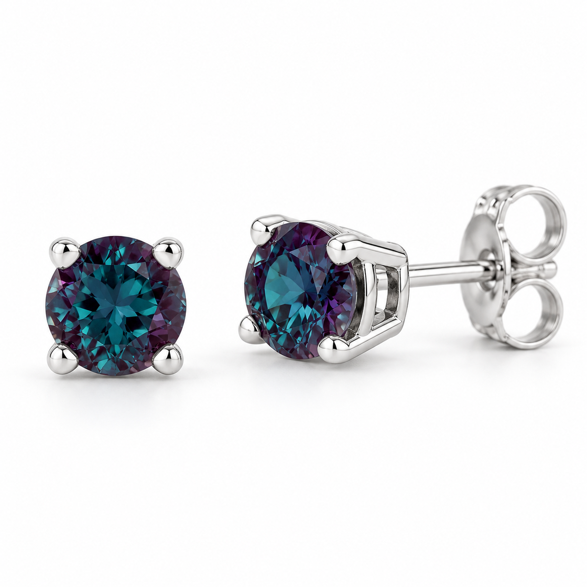 14K White Gold Lab-Grown Alexandrite Lightweight Stud Earrings — 7 mm stones — enhanced studio view
