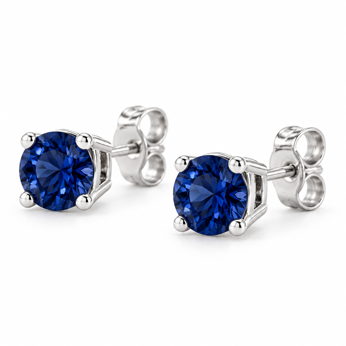 14K White Gold Lab-Grown Blue Sapphire Lightweight Stud Earrings — 7 mm stones — enhanced studio view