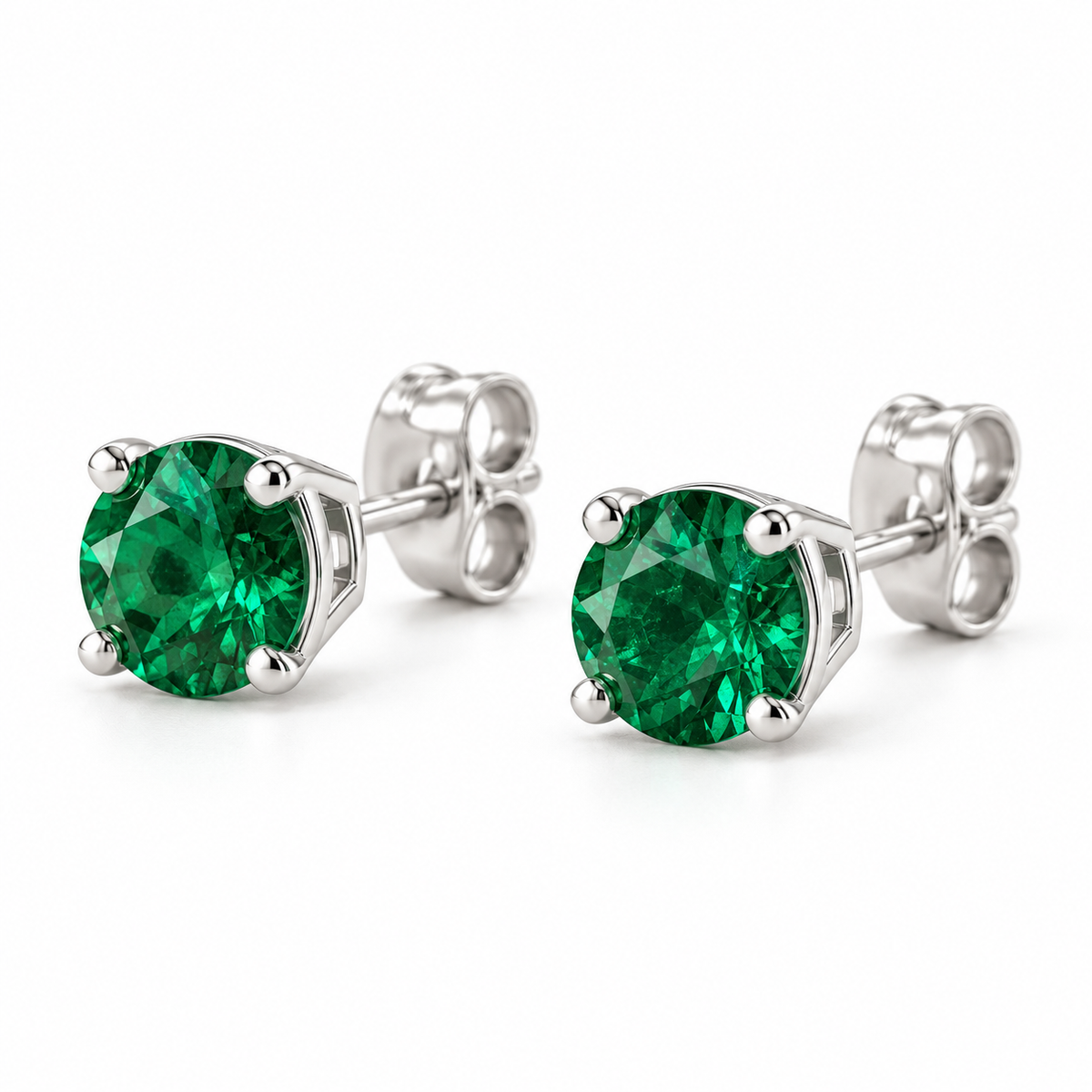 14K White Gold Lab-Grown Emerald Lightweight Stud Earrings — 7 mm stones — enhanced studio view
