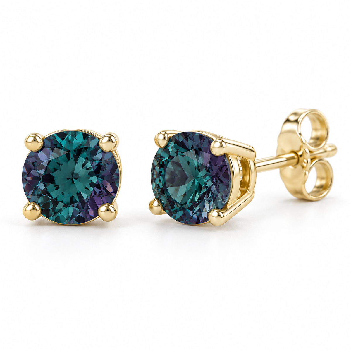 14K Yellow Gold Lab-Grown Alexandrite Lightweight Stud Earrings — 7 mm stones — enhanced studio view