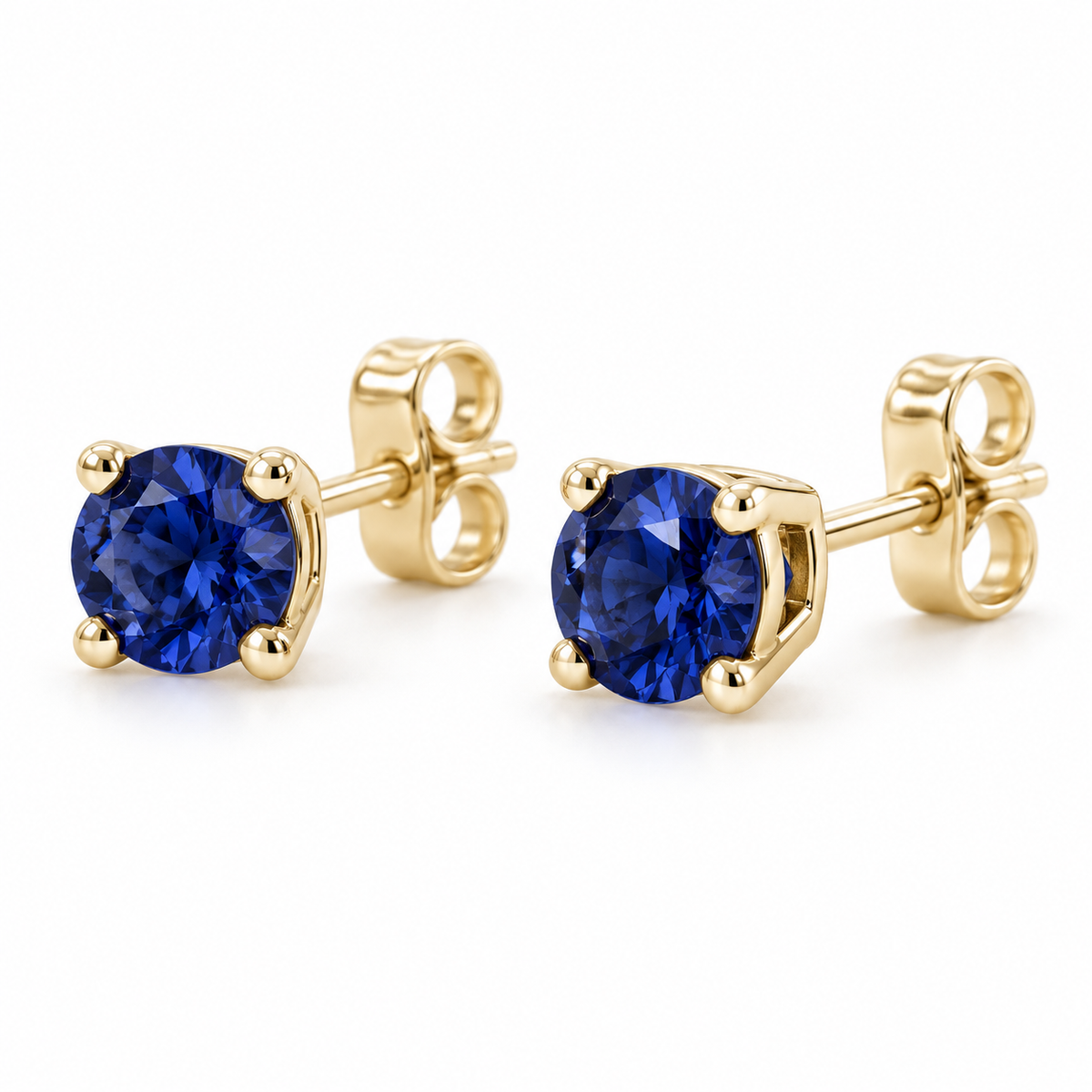 14K Yellow Gold Lab-Grown Blue Sapphire Lightweight Stud Earrings — 7 mm stones — enhanced studio view