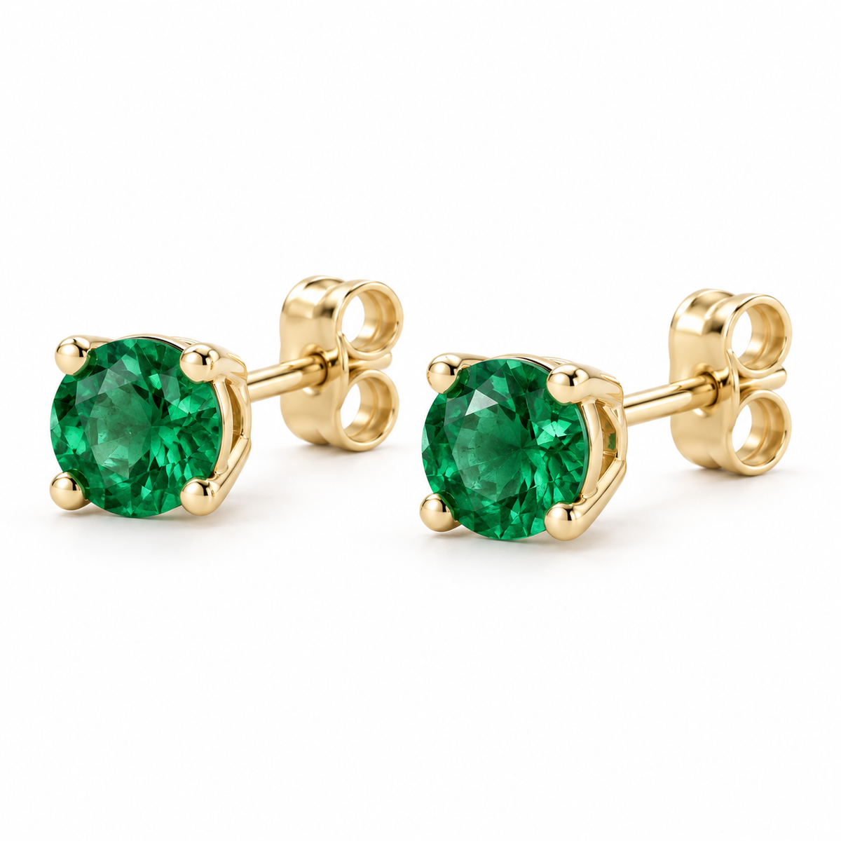 14K Yellow Gold Lab-Grown Emerald Lightweight Stud Earrings — 7 mm stones — enhanced studio view