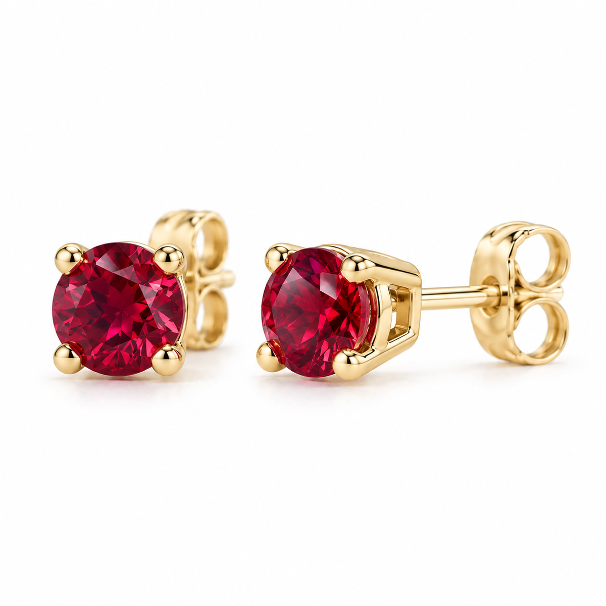 14K Yellow Gold Lab-Grown Ruby Lightweight Stud Earrings — 7 mm stones — enhanced studio view