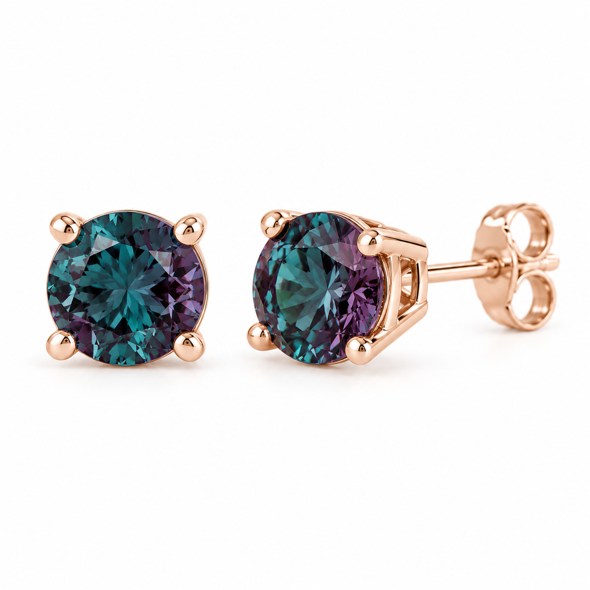 14K Rose Gold Lab-Grown Alexandrite Lightweight Stud Earrings — 8 mm stones — enhanced studio view