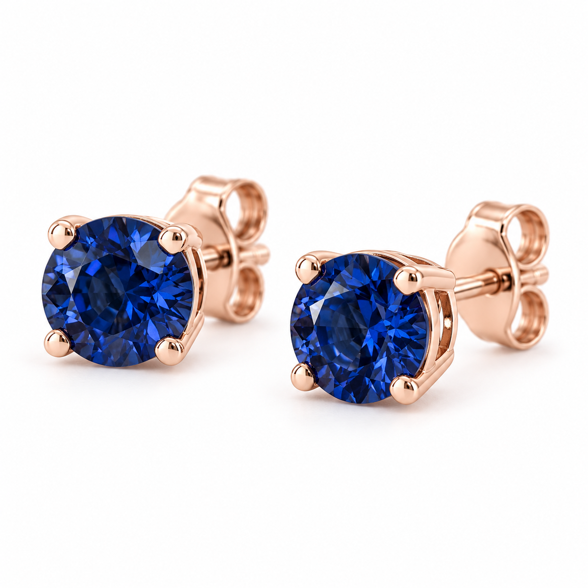 14K Rose Gold Lab-Grown Blue Sapphire Lightweight Stud Earrings — 8 mm stones — enhanced studio view