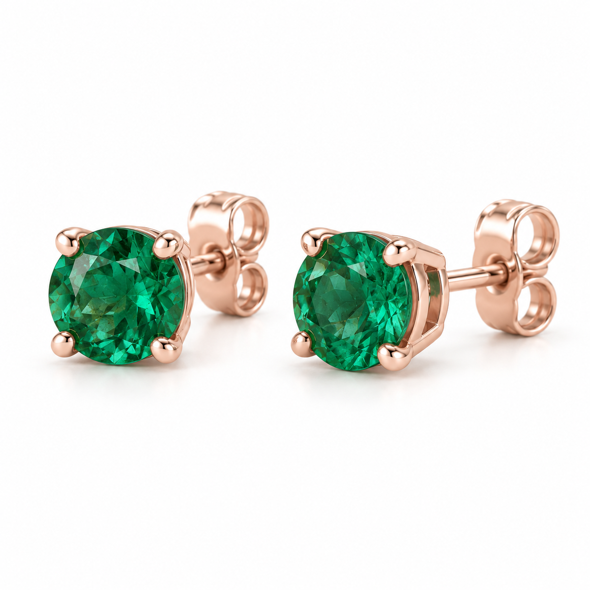 14K Rose Gold Lab-Grown Emerald Lightweight Stud Earrings — 8 mm stones — enhanced studio view