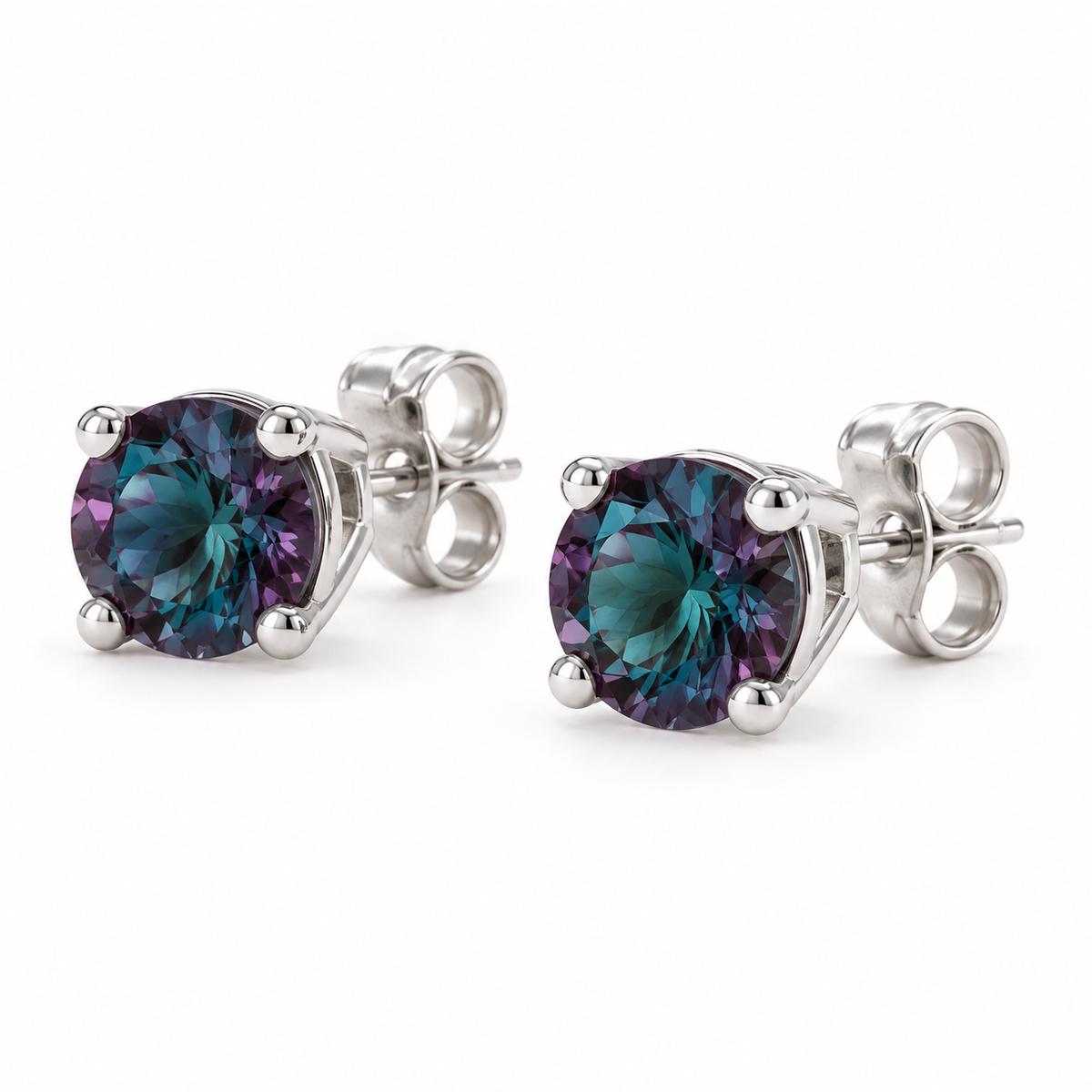 14K White Gold Lab-Grown Alexandrite Lightweight Stud Earrings — 8 mm stones — enhanced studio view