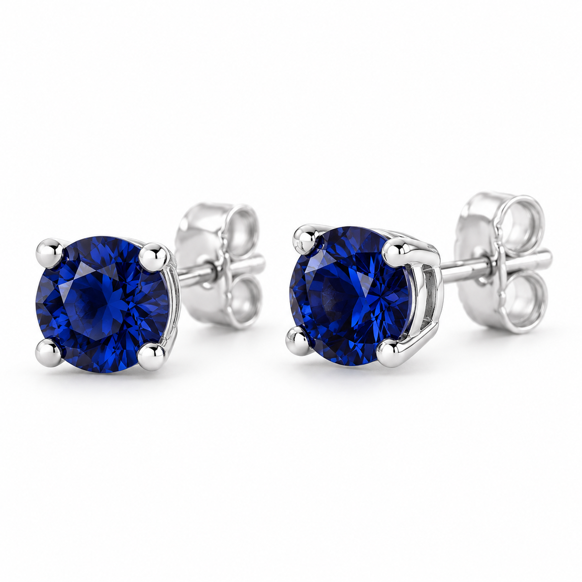 14K White Gold Lab-Grown Blue Sapphire Lightweight Stud Earrings — 8 mm stones — enhanced studio view
