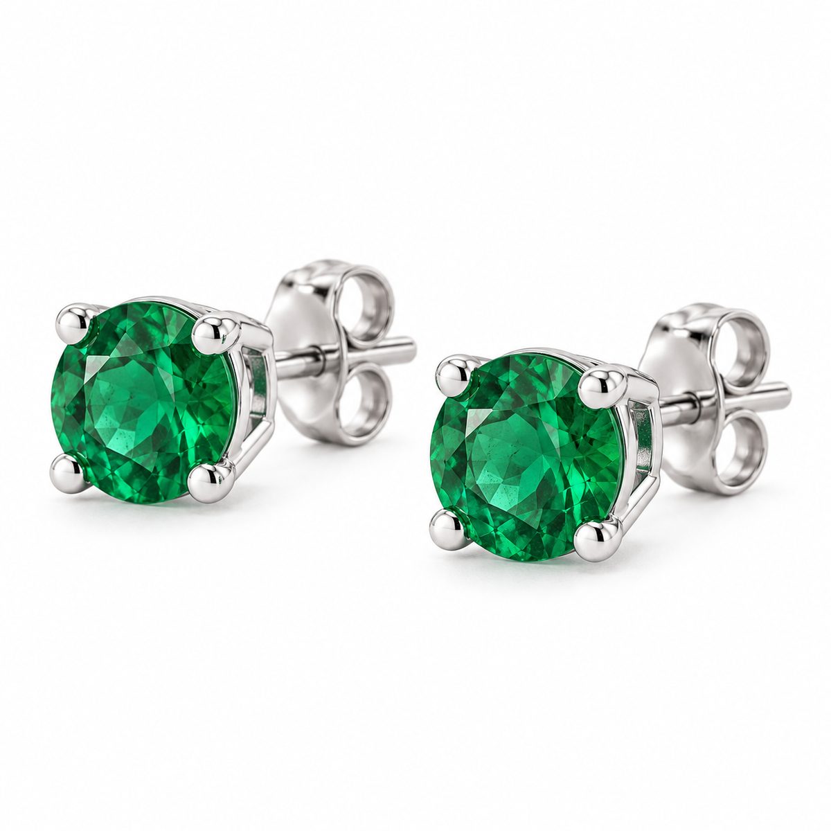 14K White Gold Lab-Grown Emerald Lightweight Stud Earrings — 8 mm stones — enhanced studio view