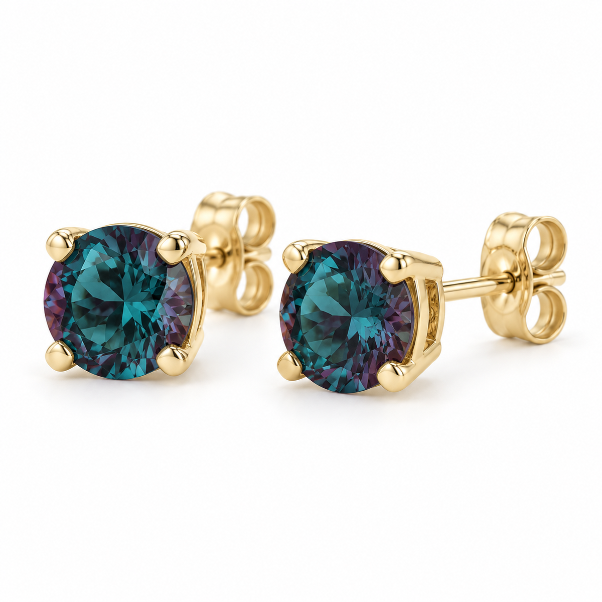 14K Yellow Gold Lab-Grown Alexandrite Lightweight Stud Earrings — 8 mm stones — enhanced studio view