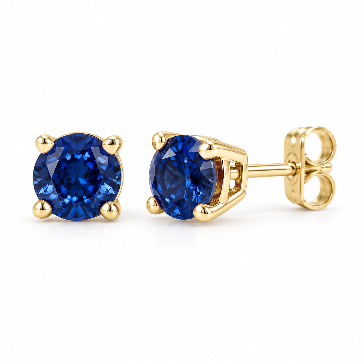 14K Yellow Gold Lab-Grown Blue Sapphire Lightweight Stud Earrings — 8 mm stones — enhanced studio view