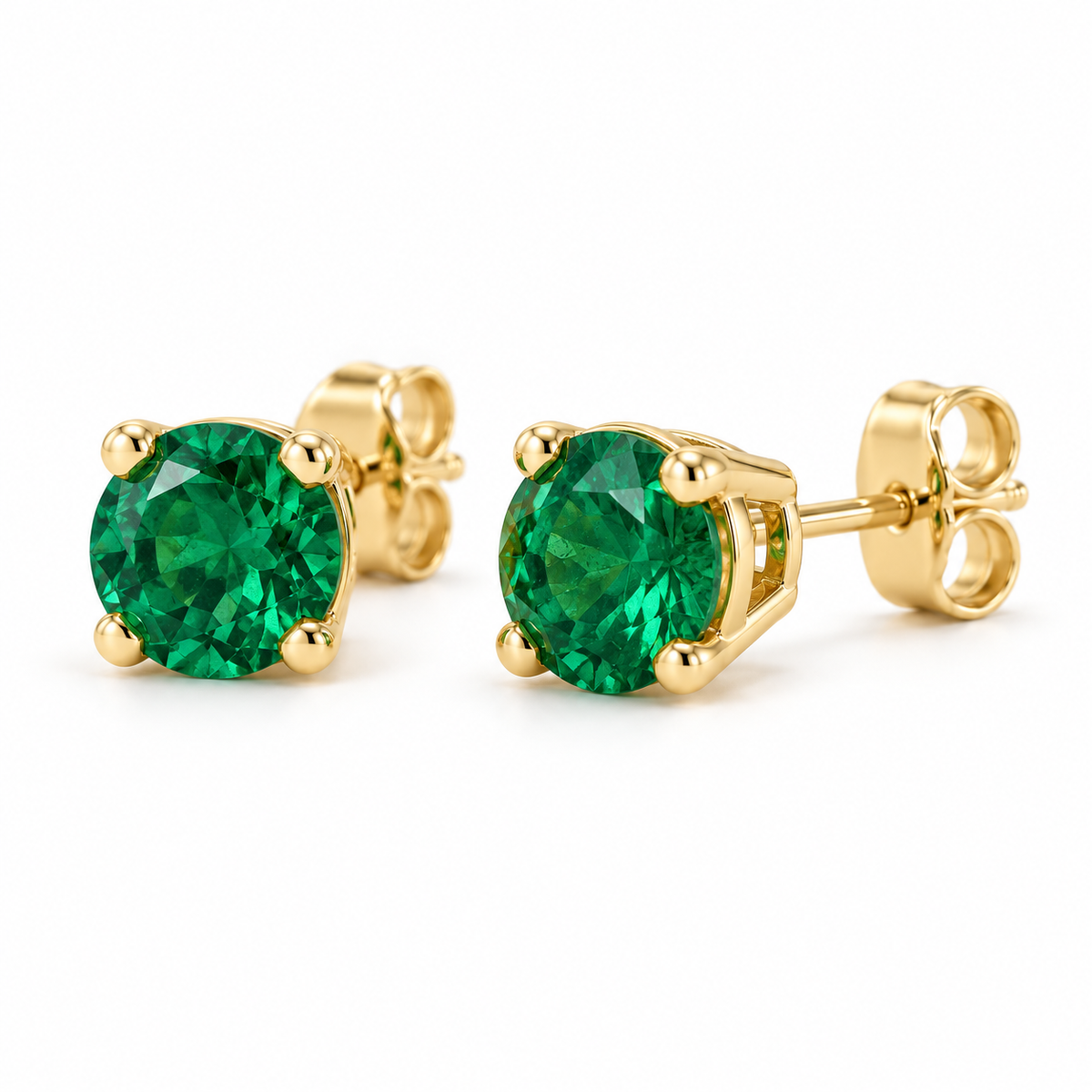 14K Yellow Gold Lab-Grown Emerald Lightweight Stud Earrings — 8 mm stones — enhanced studio view