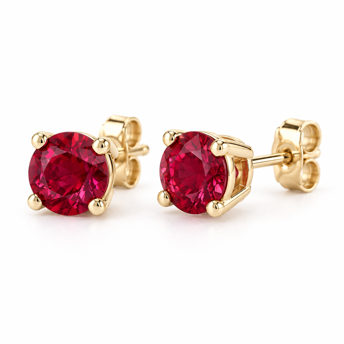 14K Yellow Gold Lab-Grown Ruby Lightweight Stud Earrings — 8 mm stones — enhanced studio view