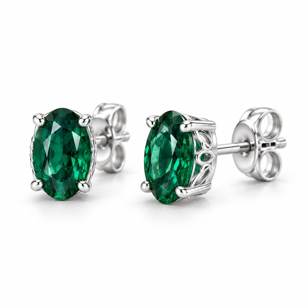 14K White Gold Lab-Grown Emerald Scroll Setting® Stud Earrings — 5 × 3 mm stones — enhanced studio view