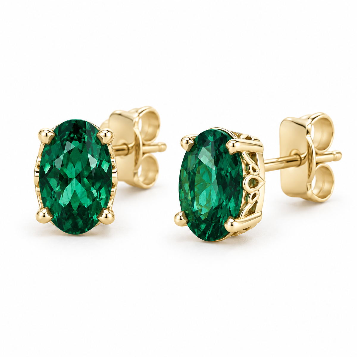 14K Yellow Gold Lab-Grown Emerald Scroll Setting® Stud Earrings — 5 × 3 mm stones — enhanced studio view