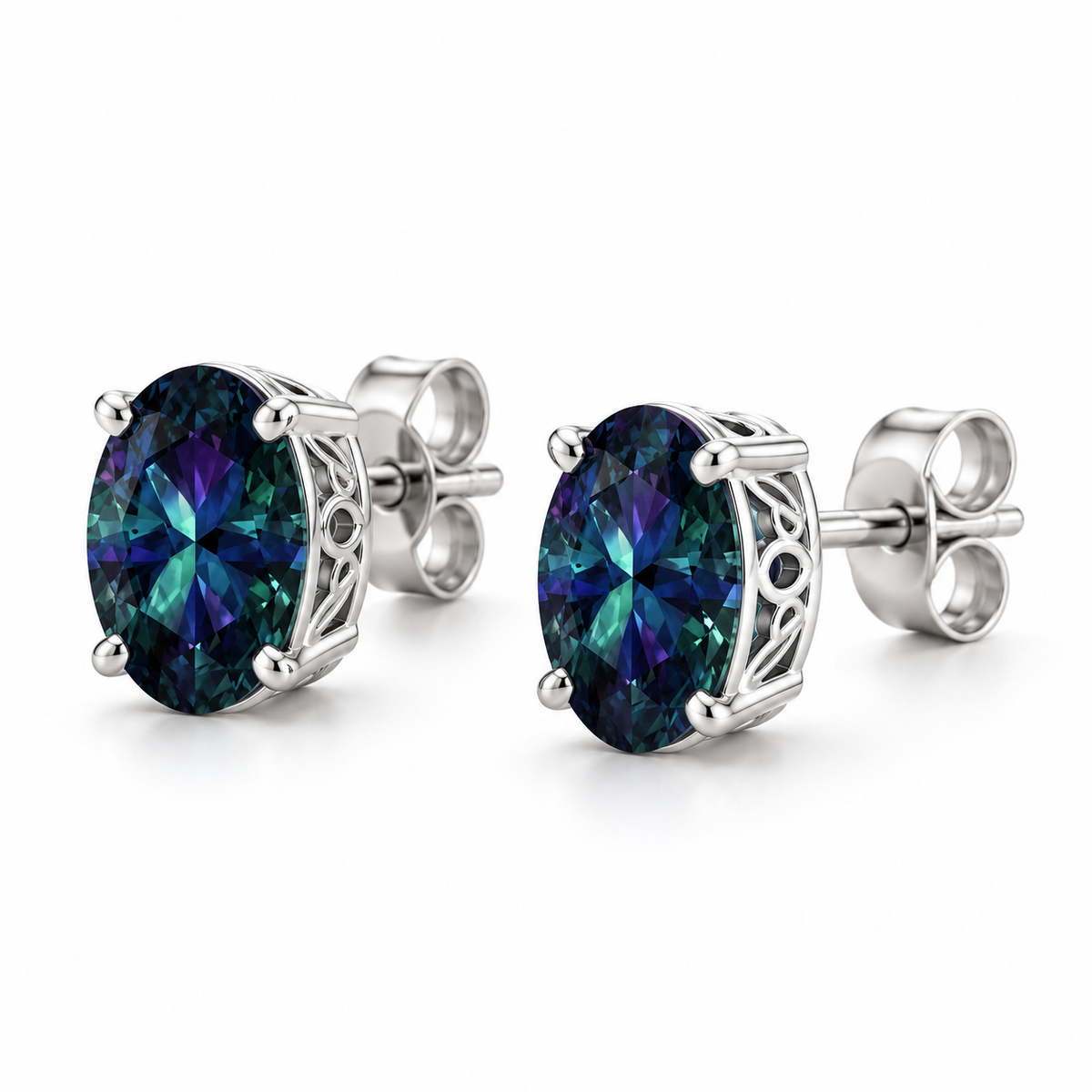 14K White Gold Lab-Grown Alexandrite Scroll Setting® Stud Earrings — 5 × 3 mm stones — enhanced studio view
