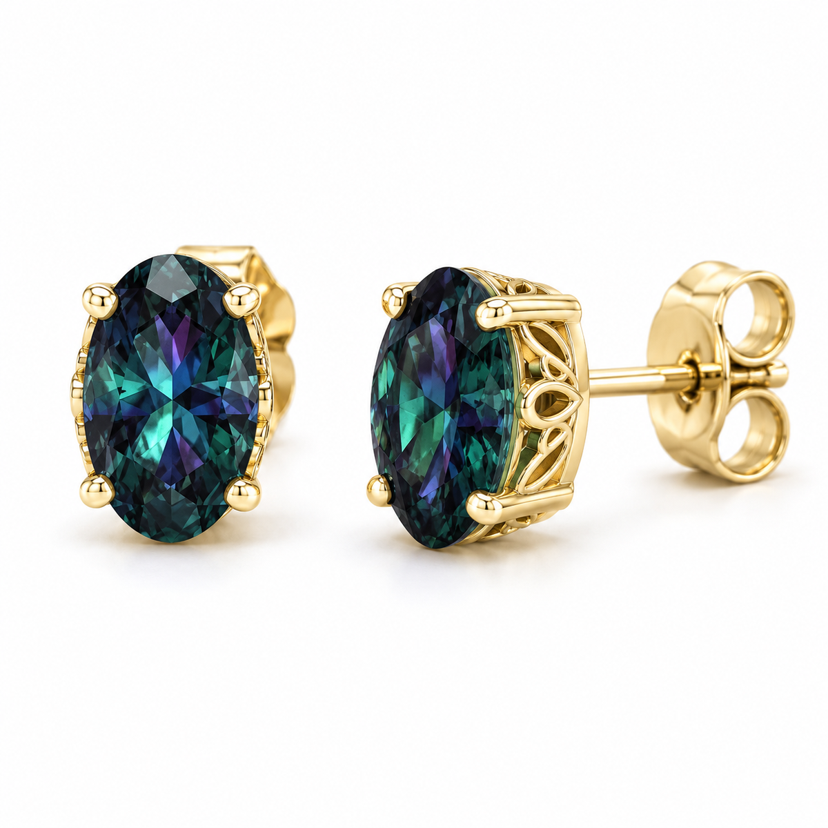 14K Yellow Gold Lab-Grown Alexandrite Scroll Setting® Stud Earrings — 5 × 3 mm stones — enhanced studio view