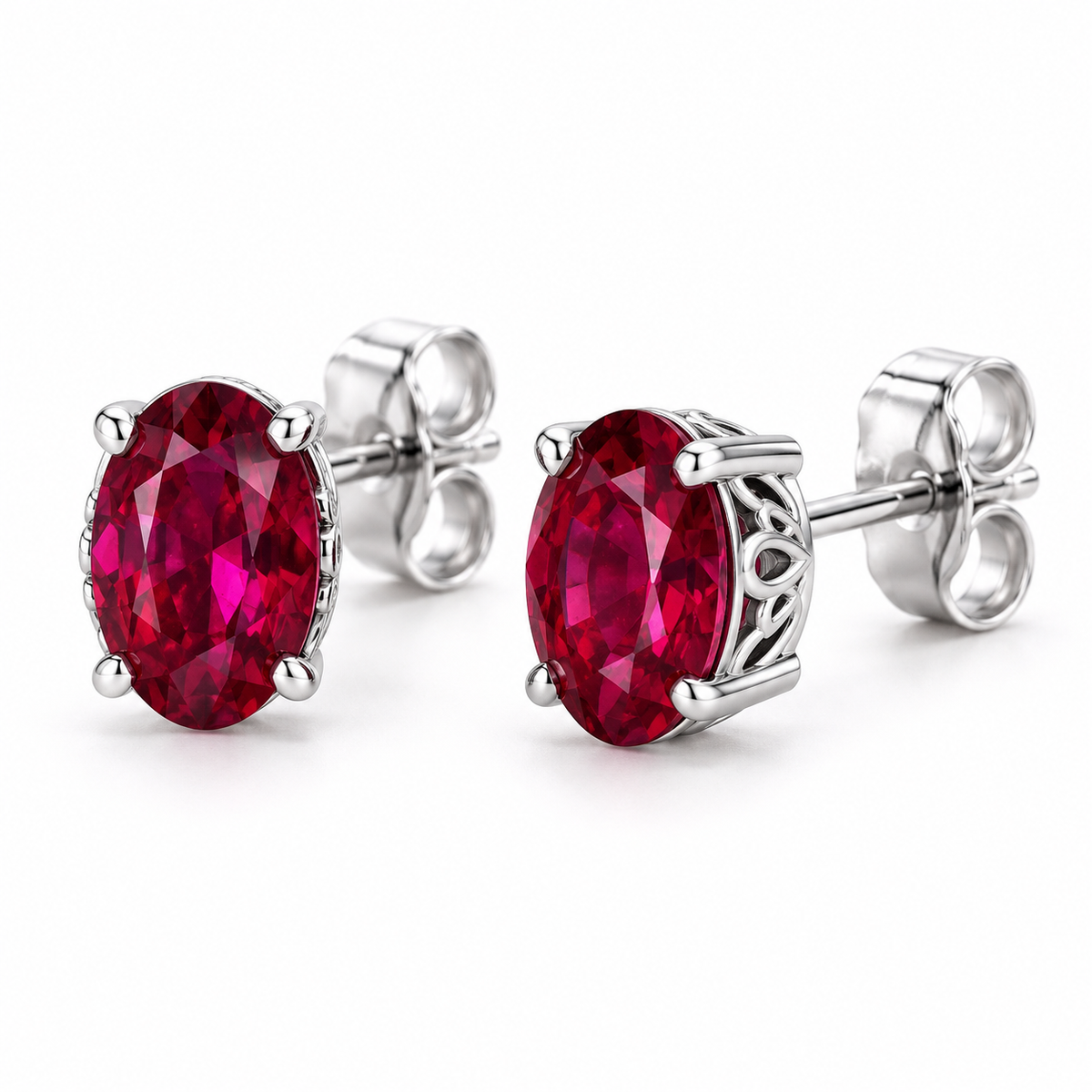 14K White Gold Lab-Grown Ruby Scroll Setting® Stud Earrings — 5 × 3 mm stones — enhanced studio view