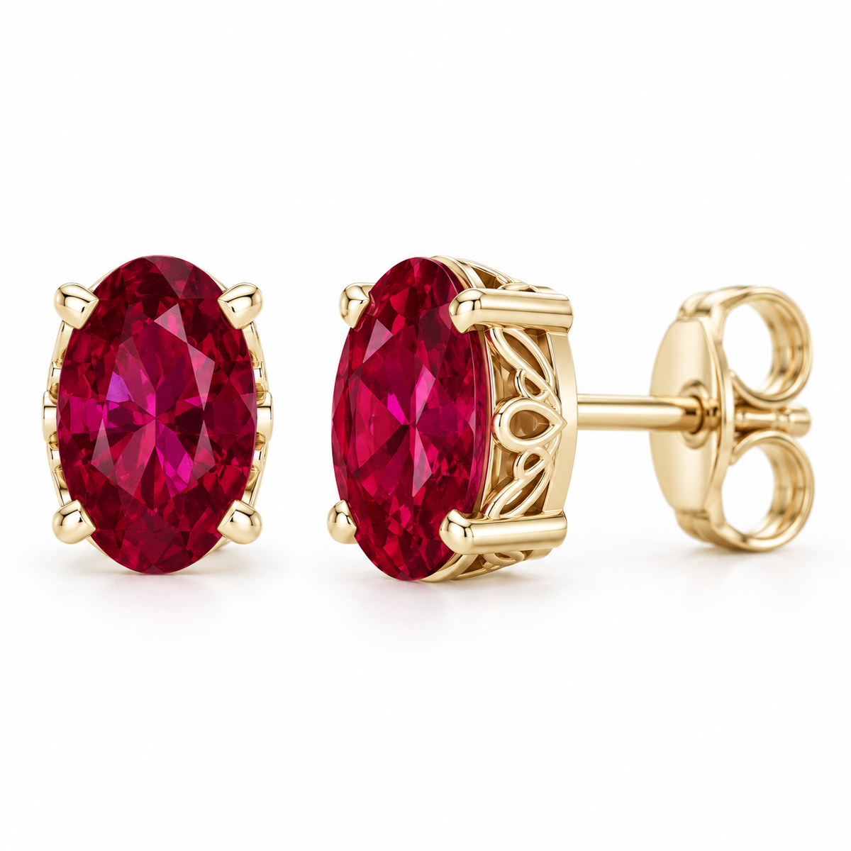 14K Yellow Gold Lab-Grown Ruby Scroll Setting® Stud Earrings — 5 × 3 mm stones — enhanced studio view