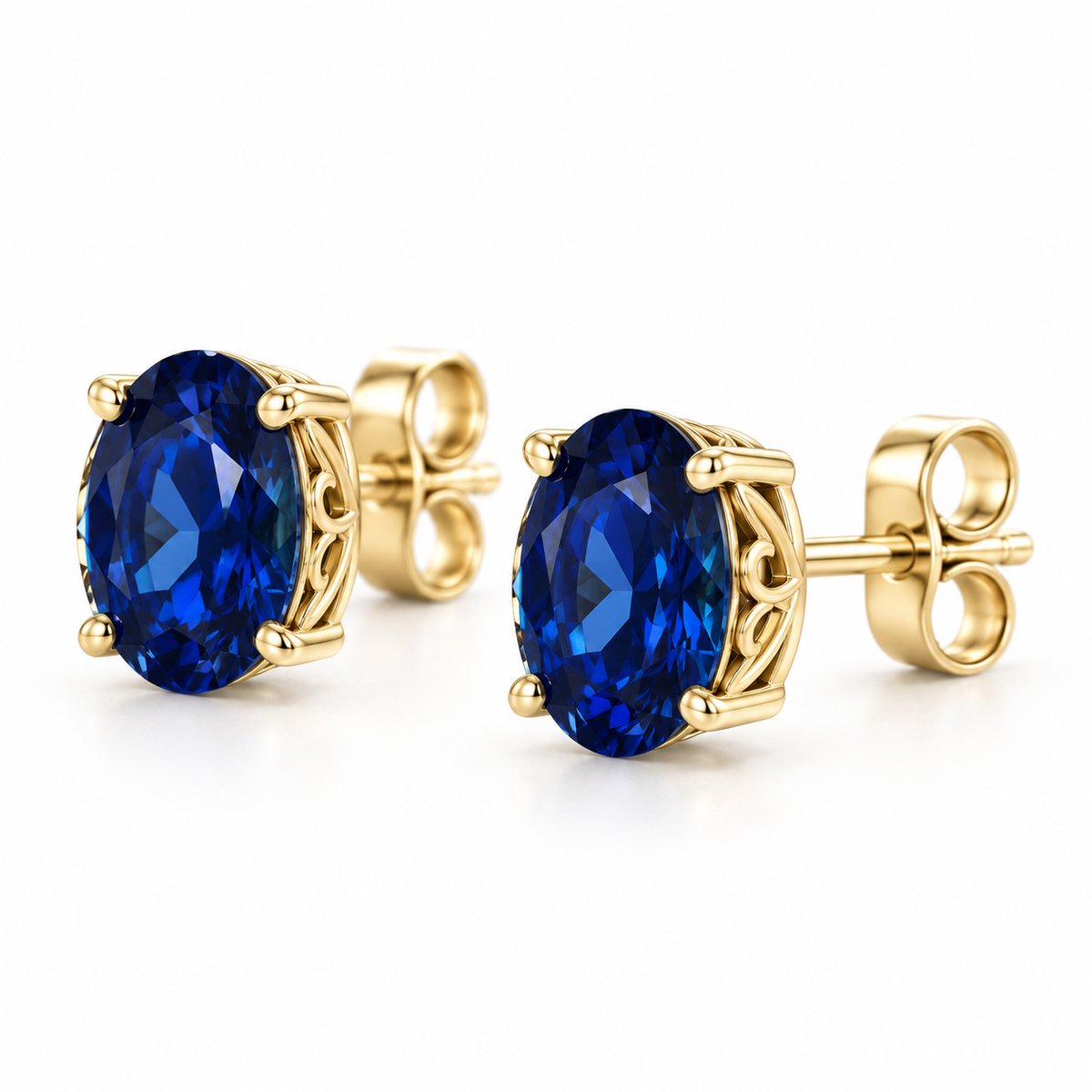 14K Yellow Gold Lab-Grown Blue Sapphire Scroll Setting® Stud Earrings — 5 × 3 mm stones — enhanced studio view