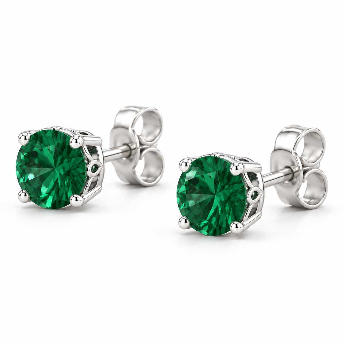 14K White Gold Lab-Grown Emerald Scroll Setting® Stud Earrings — 4 mm stones — enhanced studio view