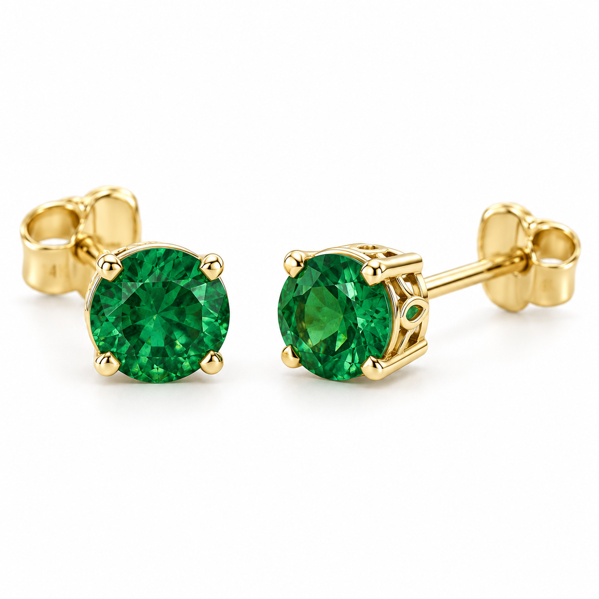 14K Yellow Gold Lab-Grown Emerald Scroll Setting® Stud Earrings — 4 mm stones — enhanced studio view