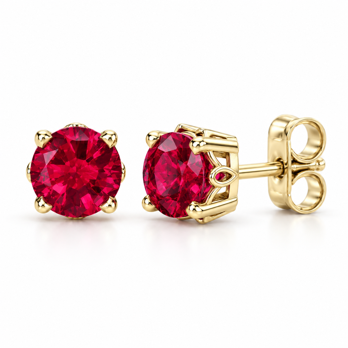 14K Yellow Gold Lab-Grown Ruby Scroll Setting® Stud Earrings — 4 mm stones — enhanced studio view