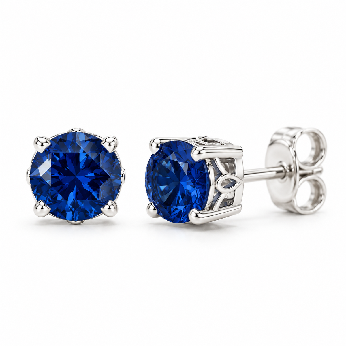 14K White Gold Lab-Grown Blue Sapphire Scroll Setting® Stud Earrings — 4 mm stones — enhanced studio view