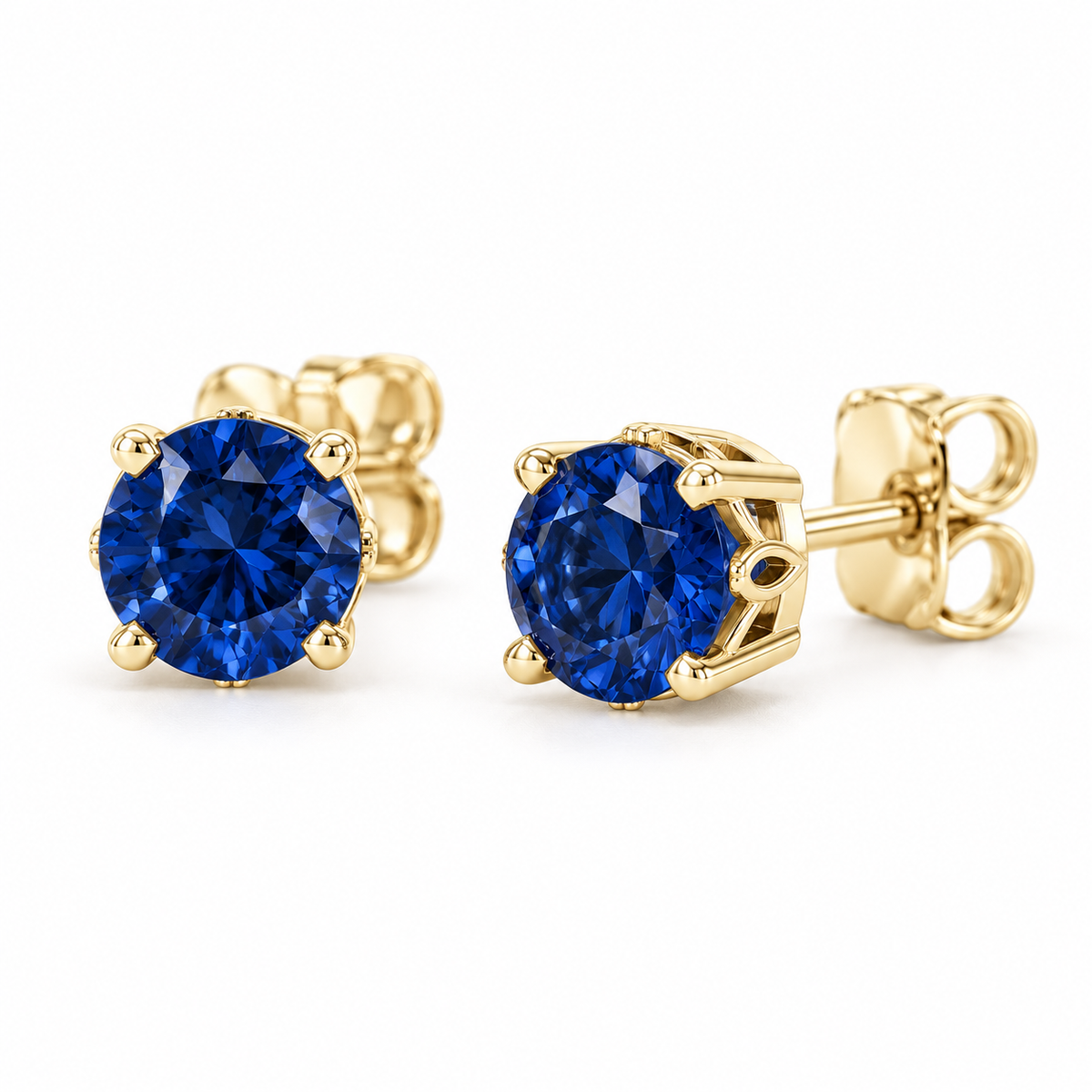 14K Yellow Gold Lab-Grown Blue Sapphire Scroll Setting® Stud Earrings — 4 mm stones — enhanced studio view