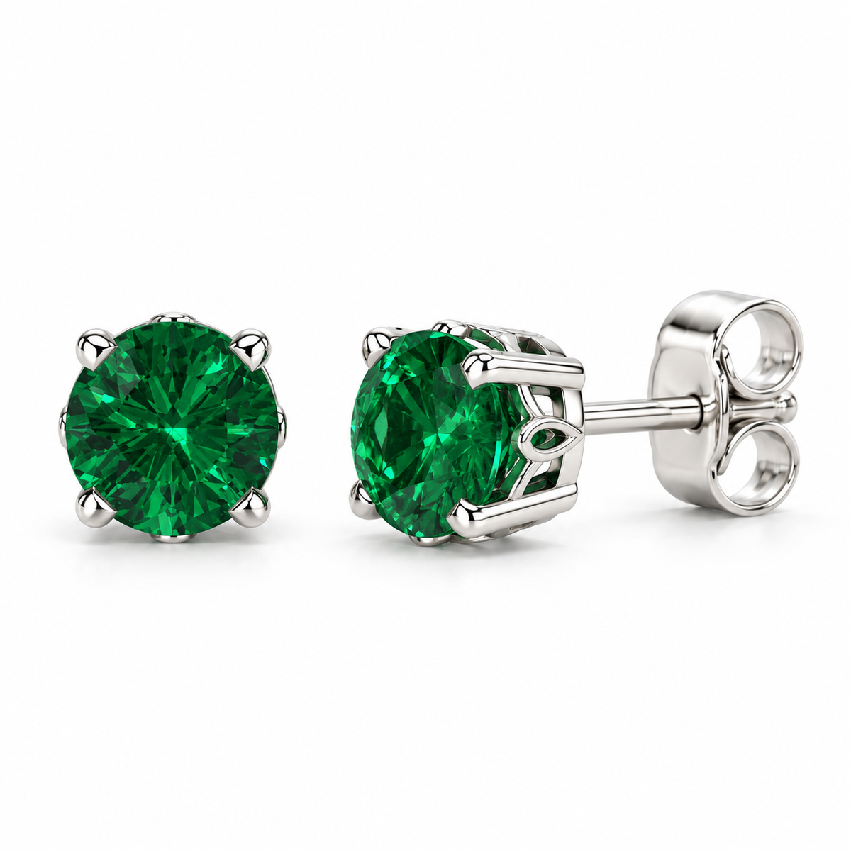 14K White Gold Lab-Grown Emerald Scroll Setting® Stud Earrings — 6 mm stones — enhanced studio view