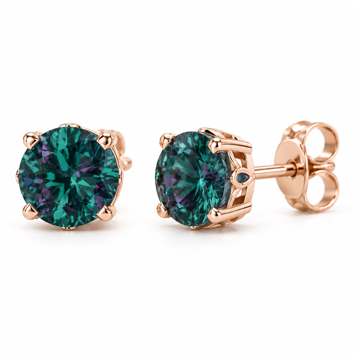 14K Rose Gold Lab-Grown Alexandrite Scroll Setting® Stud Earrings — 6 mm stones — enhanced studio view