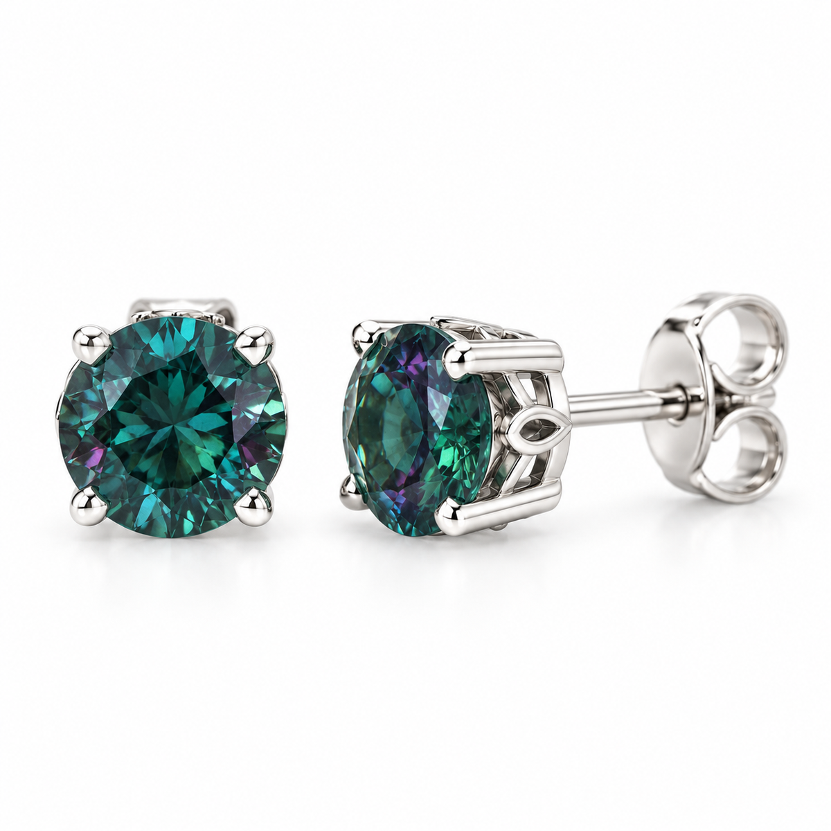 14K White Gold Lab-Grown Alexandrite Scroll Setting® Stud Earrings — 6 mm stones — enhanced studio view