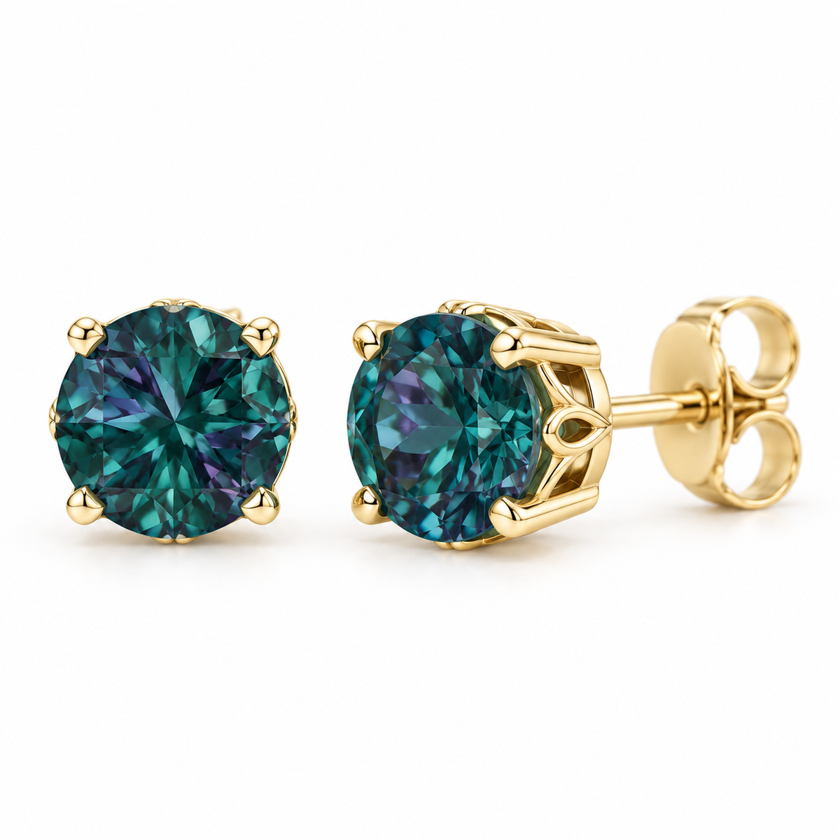 14K Yellow Gold Lab-Grown Alexandrite Scroll Setting® Stud Earrings — 6 mm stones — enhanced studio view