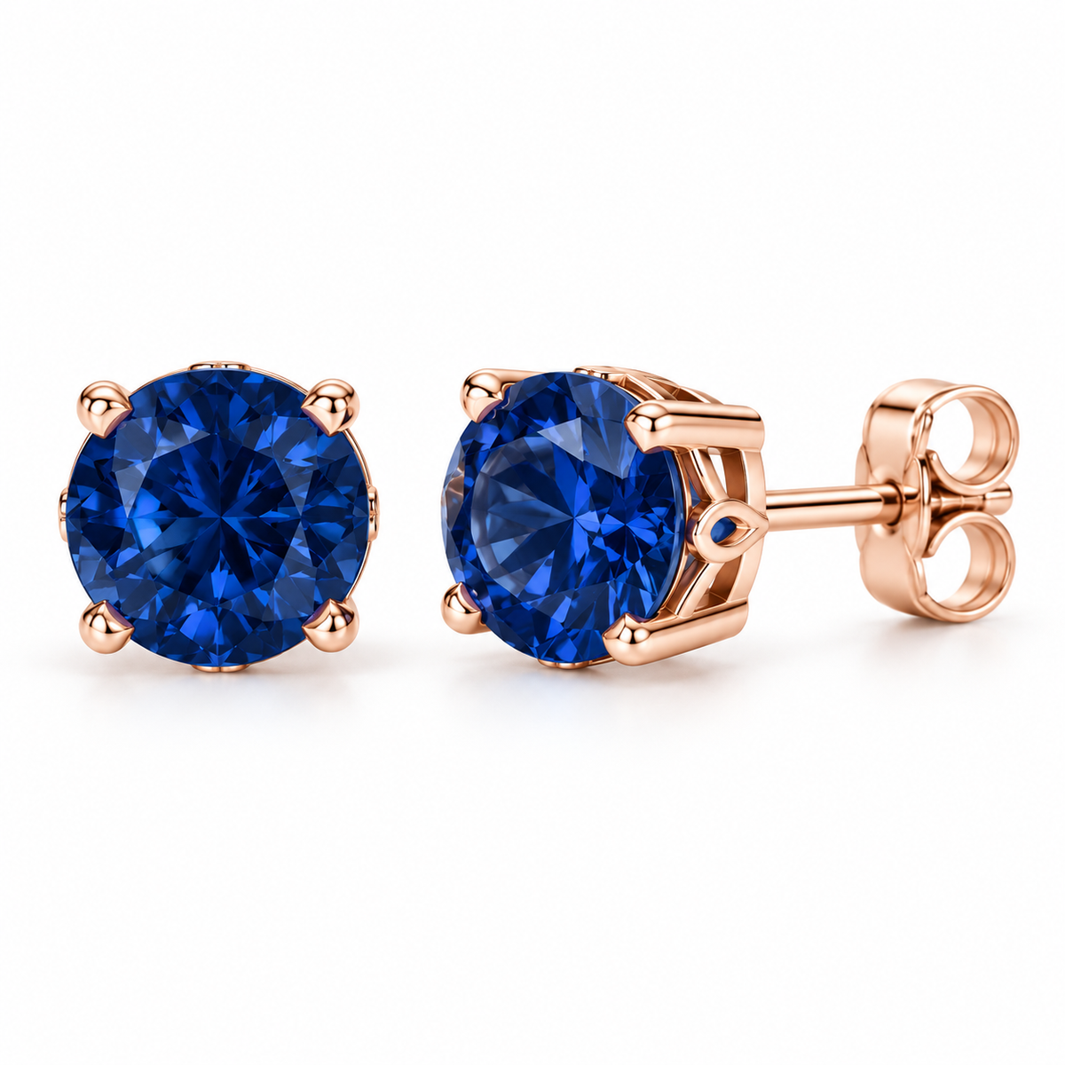 14K Rose Gold Lab-Grown Blue Sapphire Scroll Setting® Stud Earrings — 6 mm stones — enhanced studio view
