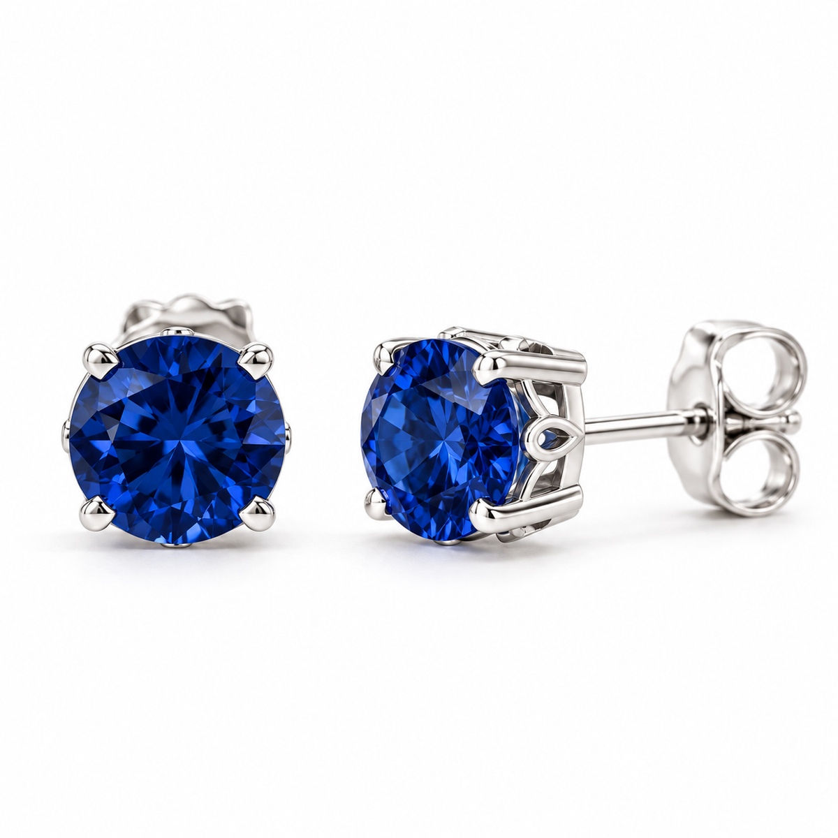 14K White Gold Lab-Grown Blue Sapphire Scroll Setting® Stud Earrings — 6 mm stones — enhanced studio view
