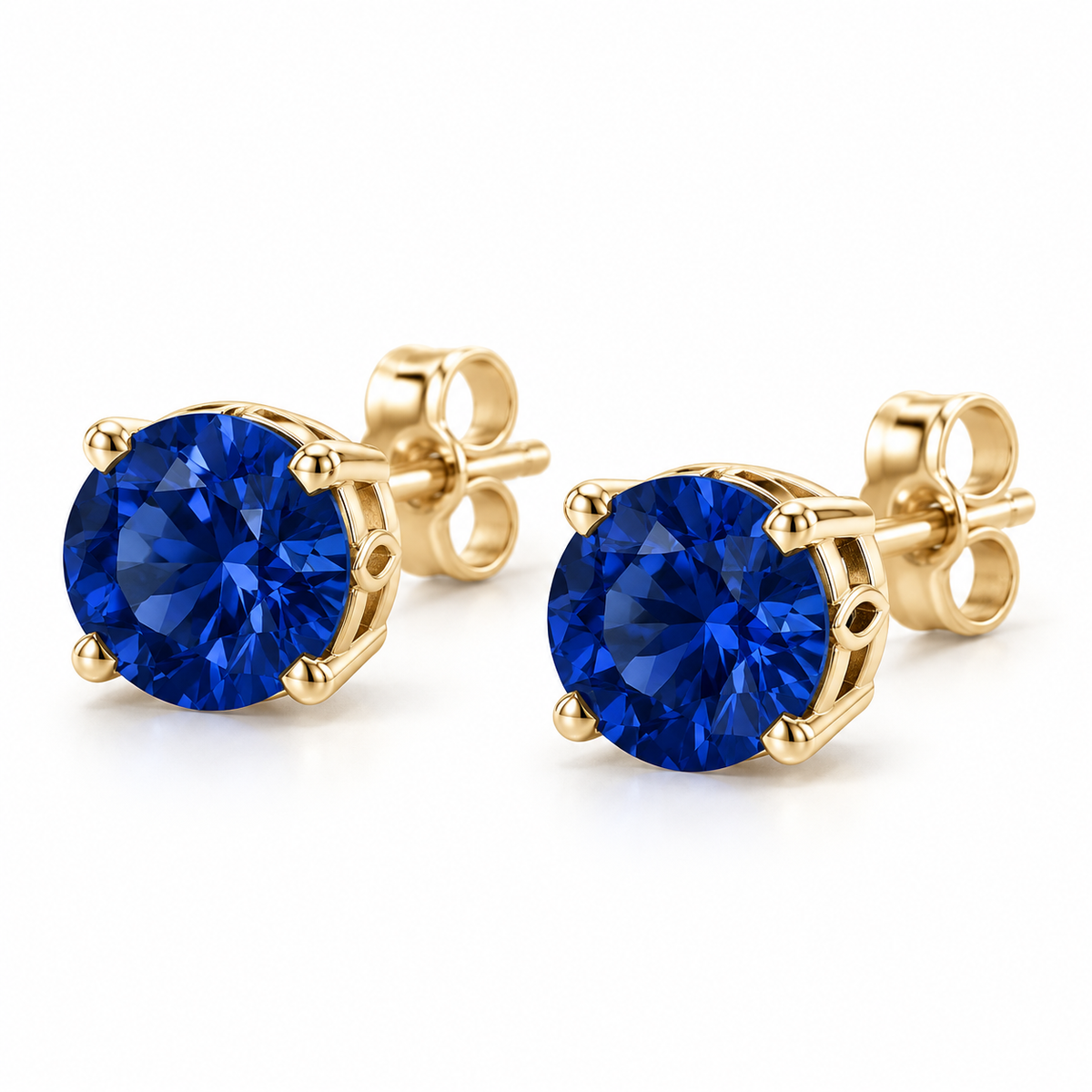 14K Yellow Gold Lab-Grown Blue Sapphire Scroll Setting® Stud Earrings — 6 mm stones — enhanced studio view