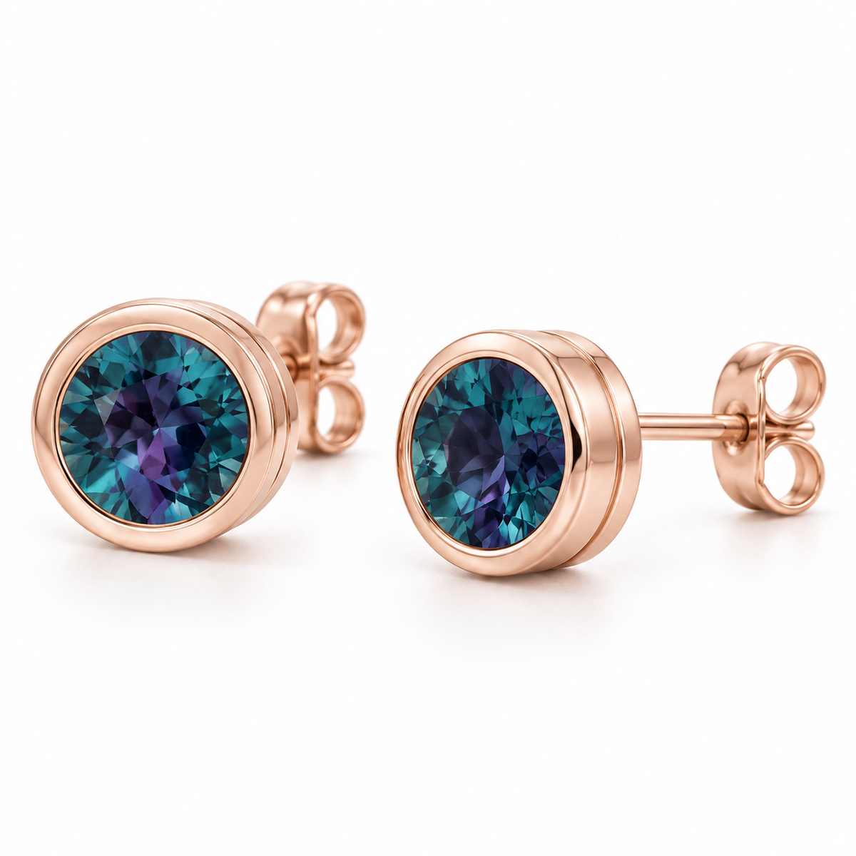 14K Rose Gold Lab-Grown Alexandrite Classic Bezel Stud Earrings — 6 mm stones — enhanced studio view