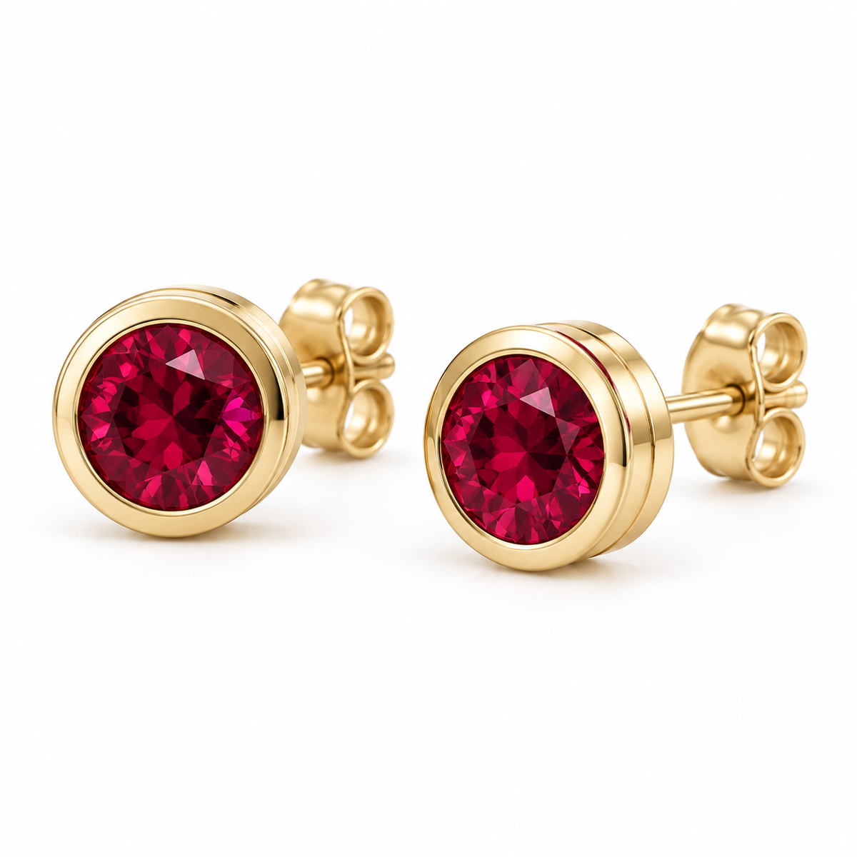 14K Yellow Gold Lab-Grown Ruby Classic Bezel Stud Earrings — 6 mm stones — enhanced studio view