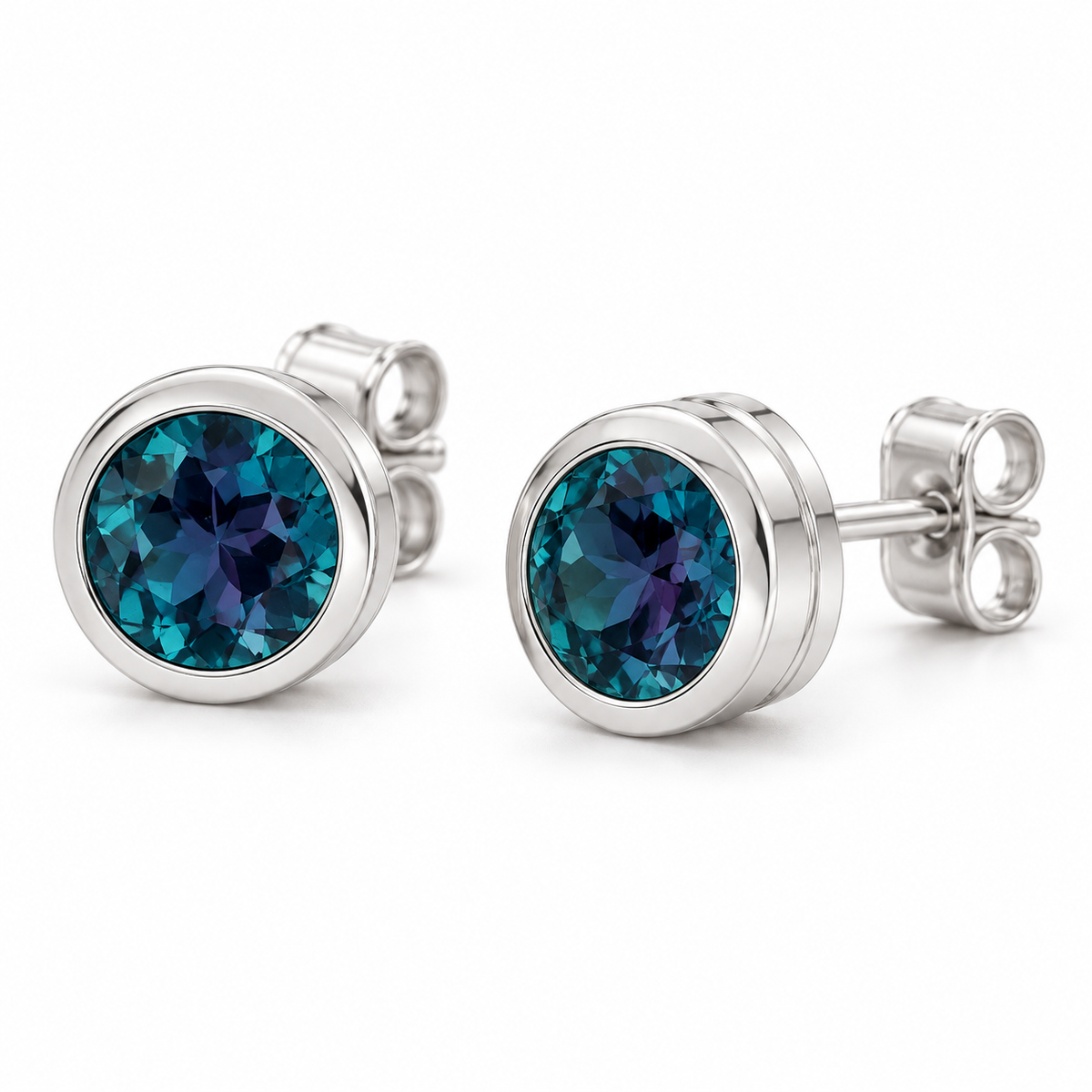 14K White Gold Lab-Grown Alexandrite Classic Bezel Stud Earrings — 6 mm stones — enhanced studio view
