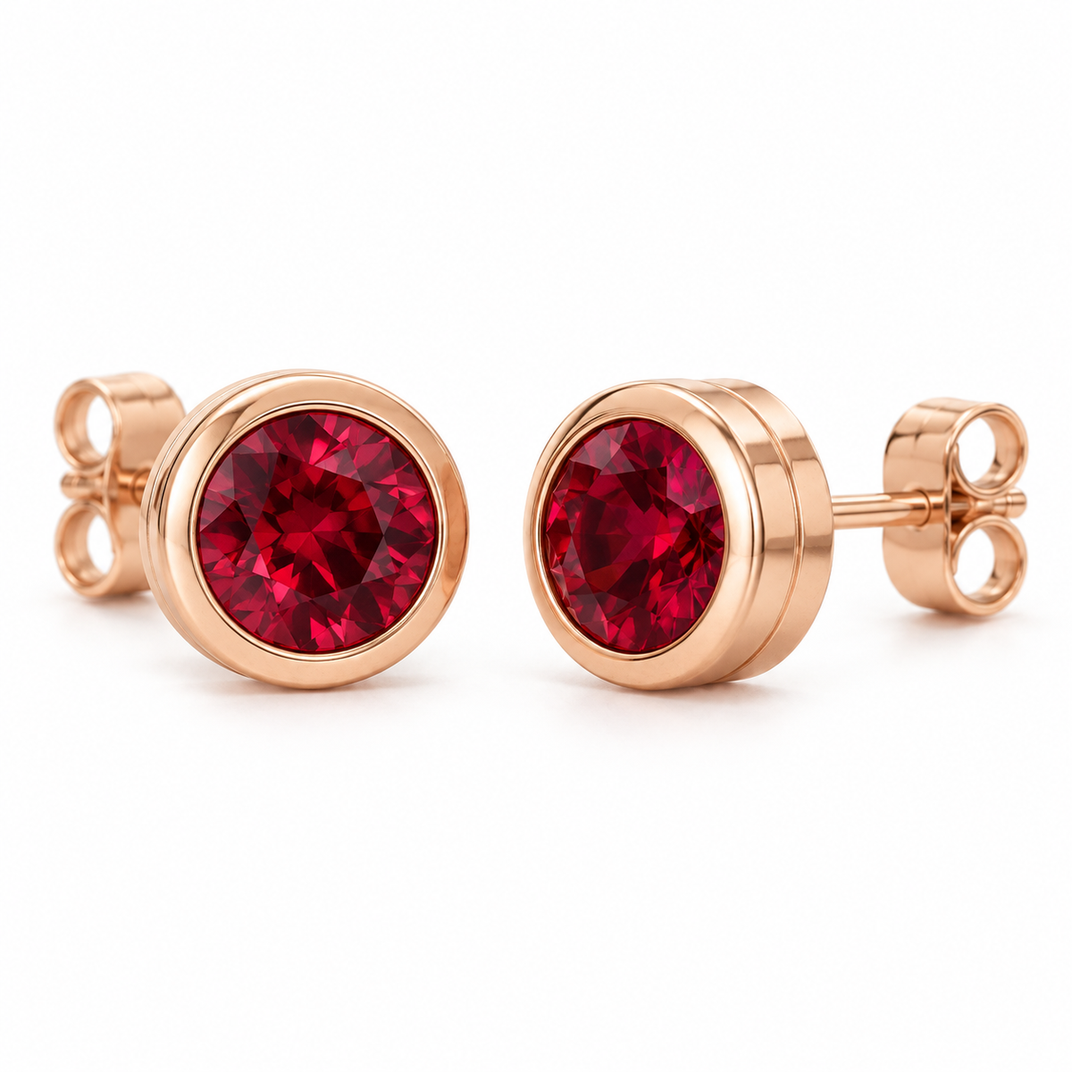 14K Rose Gold Lab-Grown Ruby Classic Bezel Stud Earrings — 6 mm stones — enhanced studio view