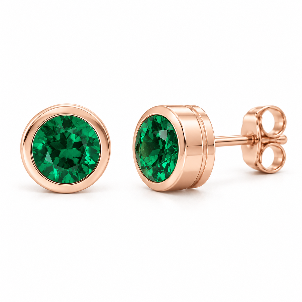 14K Rose Gold Lab-Grown Emerald Classic Bezel Stud Earrings — 6 mm stones — enhanced studio view