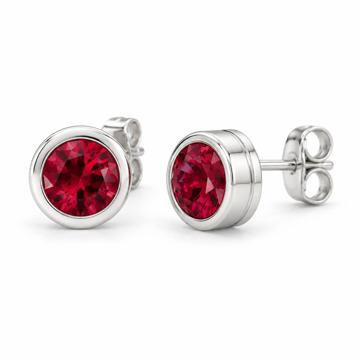 14K White Gold Lab-Grown Ruby Classic Bezel Stud Earrings — 6 mm stones — enhanced studio view