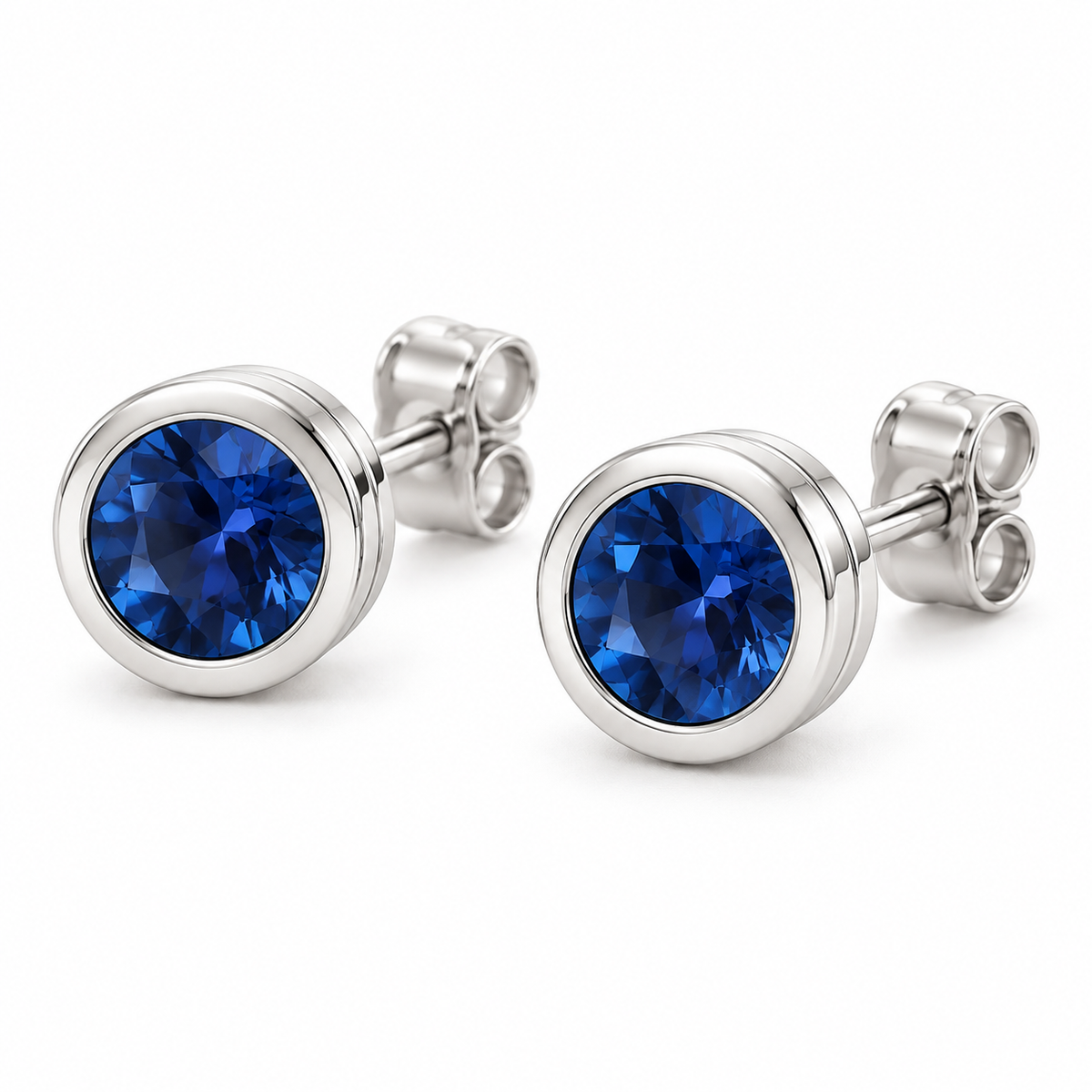 14K White Gold Lab-Grown Blue Sapphire Classic Bezel Stud Earrings — 6 mm stones — enhanced studio view